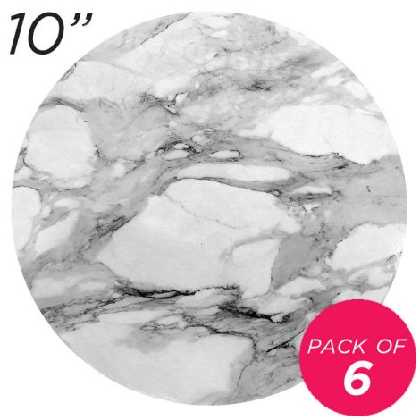 10" White Round Masonite Cake Board Marble Pattern - 6 mm, Pack of 6