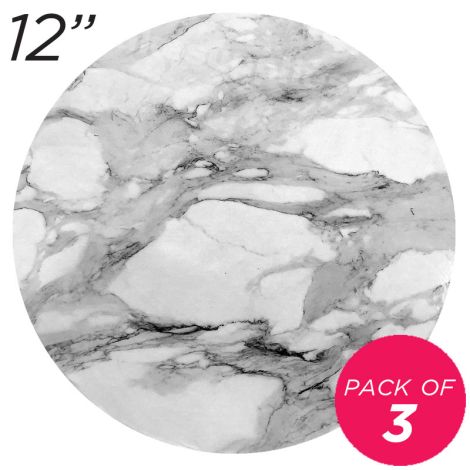 12" White Round Masonite Cake Board Marble Pattern - 6 mm, Pack of 3
