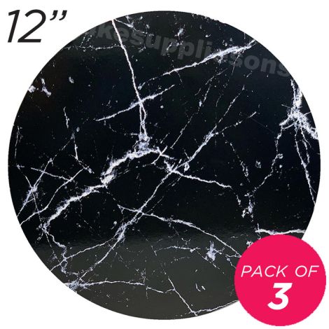 12" Black Round Masonite Cake Board Marble Pattern - 6 mm thick, Pack of 3